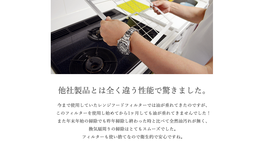 60代男性 今まで使用していたものとは全く違います。油も垂れてこなく、掃除がとても楽になりました。