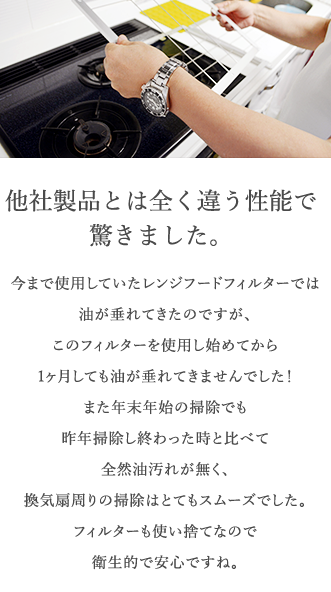 60代男性 今まで使用していたものとは全く違います。油も垂れてこなく、掃除がとても楽になりました。